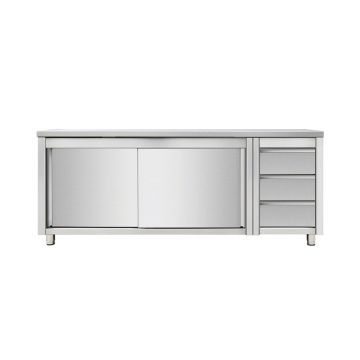 Arbeitsschrank mit Schiebetüren und Schubladenblock rechts, 1600 x 700